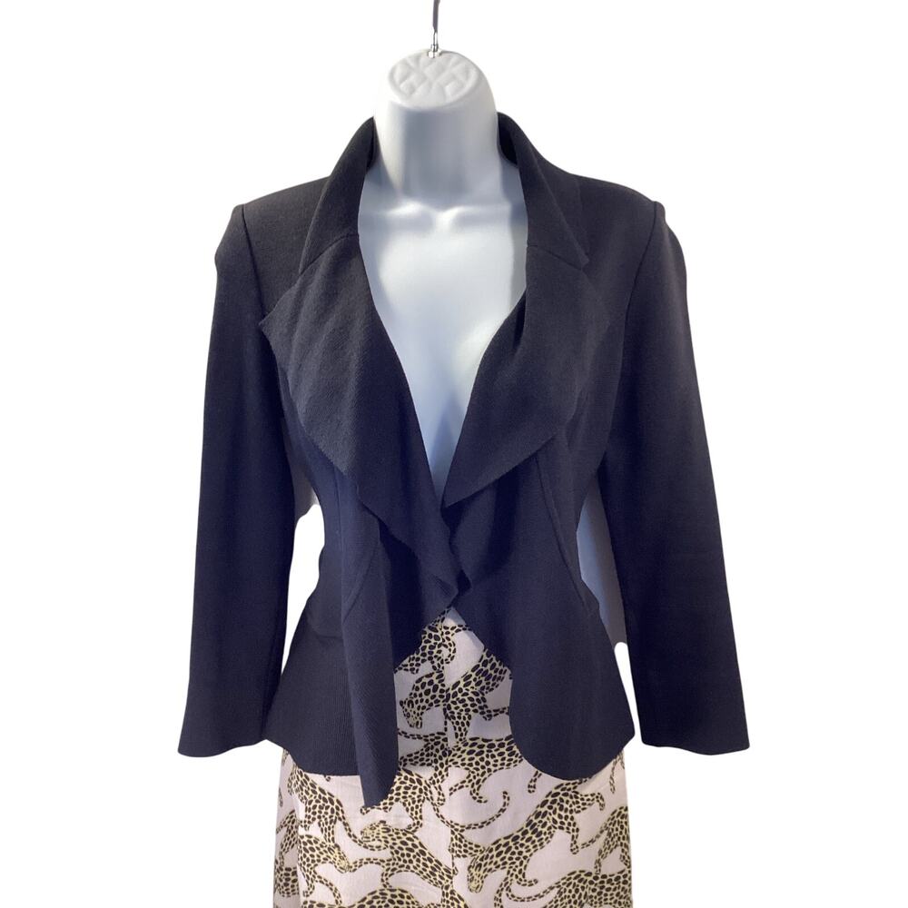 ST. JOHN CAVIAR Black Open Cardigan Ruffle Edge Wool Jacket Evening Blazer 2
